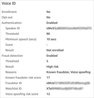 聯絡人記錄的語音 ID 區段，顯示身分驗證結果、詐騙者偵測狀態、詐騙者 ID 和監視清單 ID 欄位。