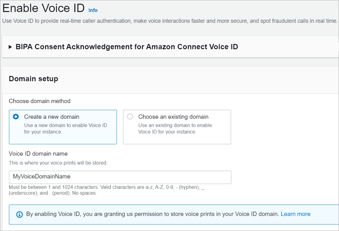 Domain setup section with options to create a new domain or choose an existing one for Voice ID. (AI generated)