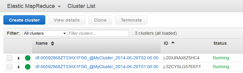 Elastic MapReduce 叢集 list showing three running clusters with unique identifiers.