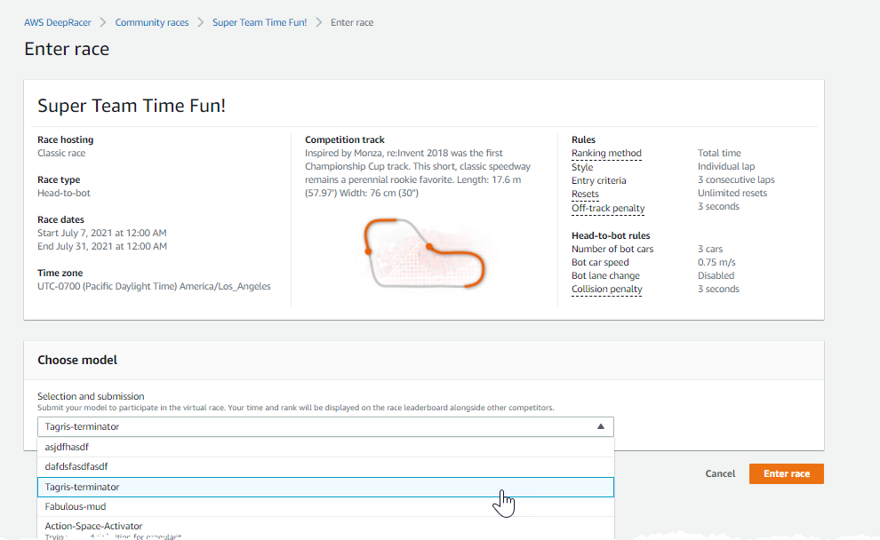影像：從主控台將模型提交至 AWS DeepRacer 社群競賽。