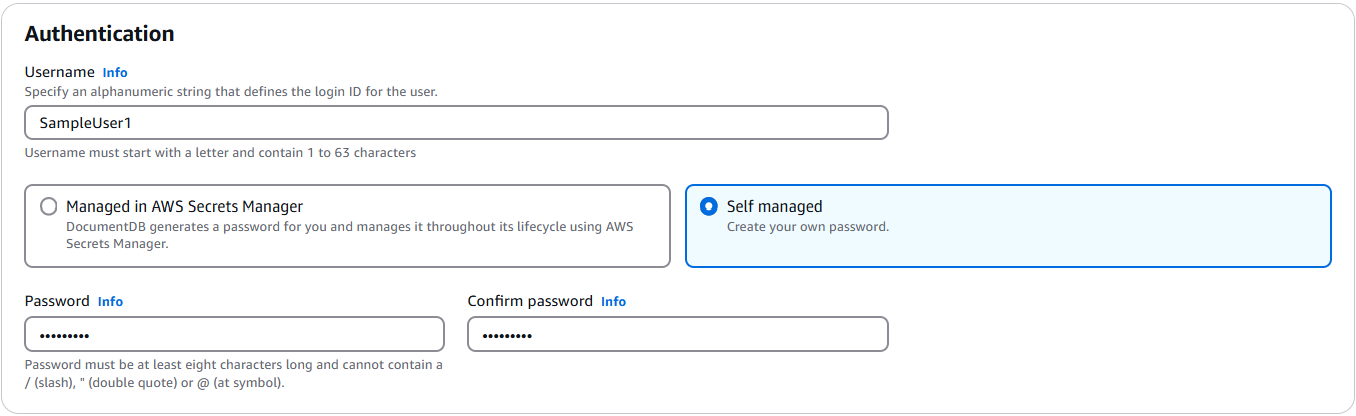 反白顯示 Managed in AWS Secrets Manager 選項並說明兩種身分驗證類型的身分驗證類型選擇。