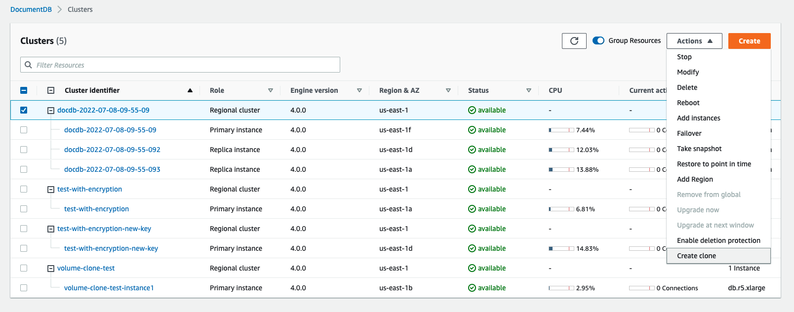 從選取 Amazon DocumentDB 叢集開始建立複製。