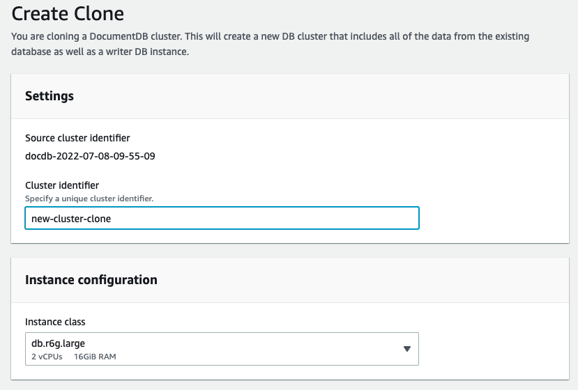選取 Amazon DocumentDB 叢集並指定資料庫執行個體大小，即可開始建立複製。