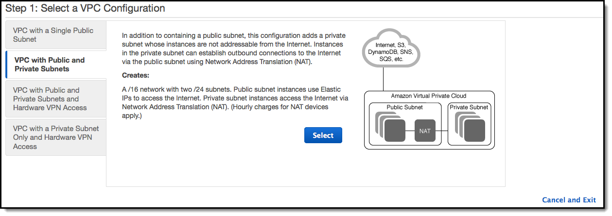 選擇 VPC with Public and Private Subnets (具有公有及私有子網路的 VPC)，然後選擇 Select (選取)。
