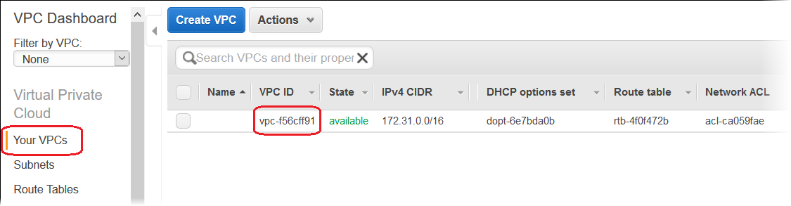Amazon VPC 主控台會顯示您的 VPC ID。