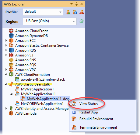 應用程式環境的 Elastic Beanstalk 內容功能表的 Visual Studio 螢幕擷取畫面。View Status (檢視狀態) 已選取。