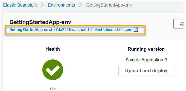 在 Elastic Beanstalk 主控台的環境概觀頁面上顯示的環境 URL 與 CNAME