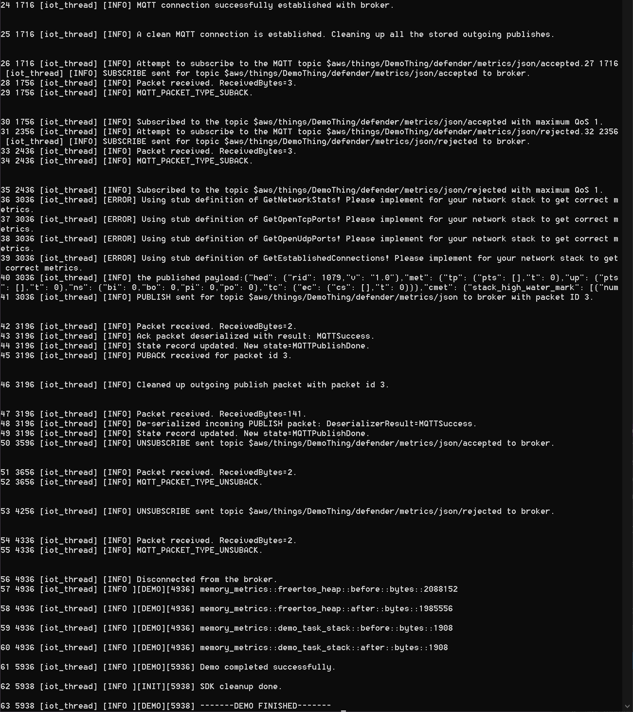 Console output showing MQTT connection, subscription, and error messages for network stack implementation.