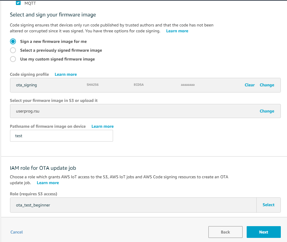 Firmware image selection and signing interface with options for code signing profile and IAM role.