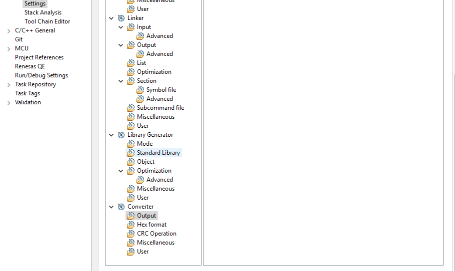 Expanded menu structure in an IDE showing various project settings and configuration options.