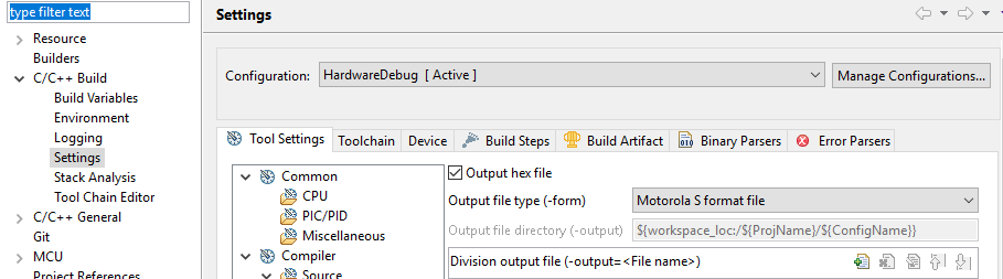Settings interface showing Tool Settings tab with Output options for hex file and file type.