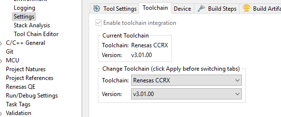 Toolchain settings interface showing Renesas CCRX toolchain selected with version v3.01.00.