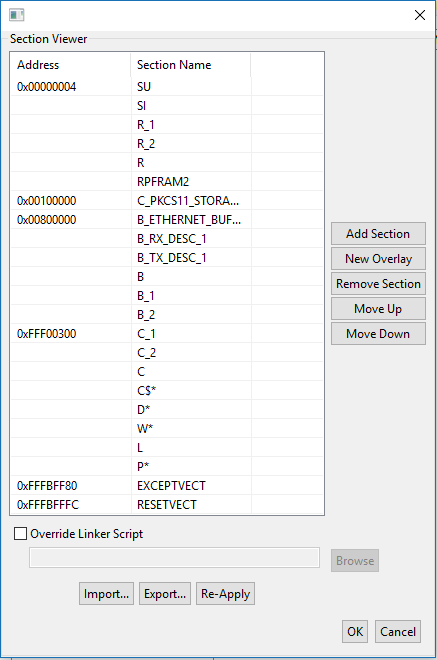 Section Viewer window displaying memory addresses and corresponding section names.