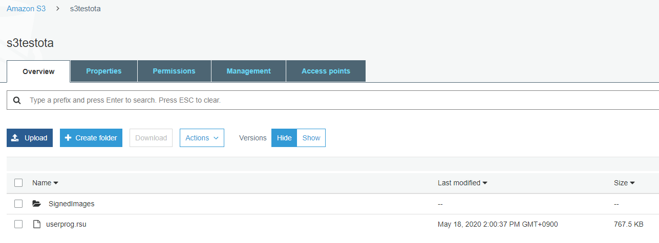 Amazon S3 bucket interface showing folder structure and file details for s3testota bucket.