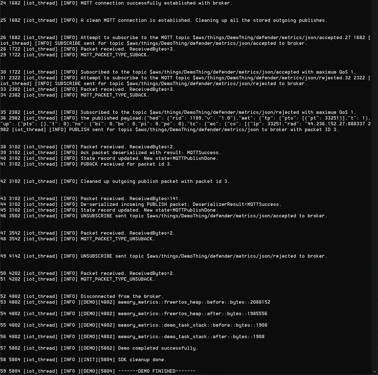 主控台日誌輸出，顯示 DemoThing 應用程式的 MQTT 連線、發佈和記憶體用量事件。