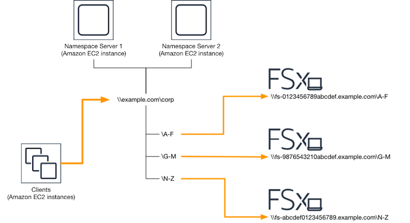 圖表顯示 Amazon FSx 上 DFS 解決方案的組態，以實現橫向擴展效能。