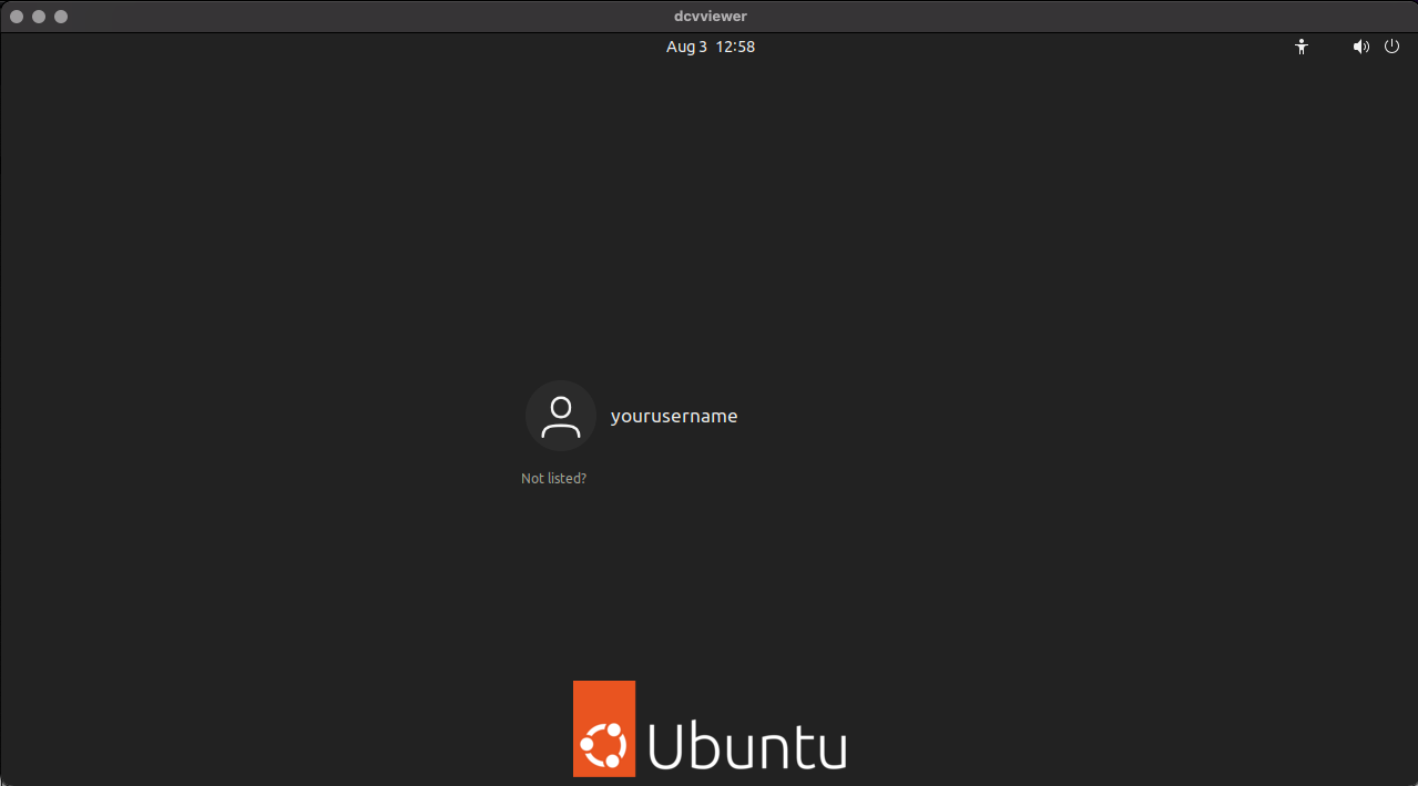 當您啟動 Amazon DCV 用戶端時,會出現視窗,讓您透過視覺化顯示來存取 Ubuntu 執行個體。