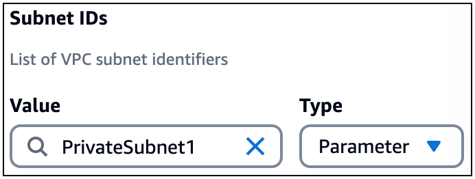 為子網路 ID 欄位的參數類型提供 PrivateSubnet1 值。