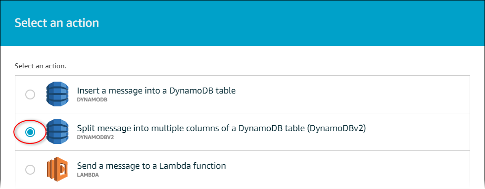 
            AWS IoT 核心「選取動作」頁面螢幕擷取畫面，並反白顯示 DynamoDBv2 動作。
          