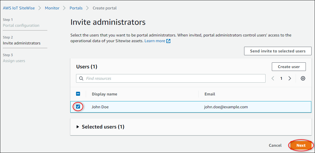 
                "Create portal" (建立入口網站) 程序的 "Invite administrators" (邀請管理員) 頁面。
              
