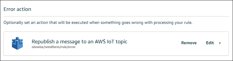 AWS IoT Core 「規則」頁面 重新發佈錯誤動作螢幕擷取畫面。