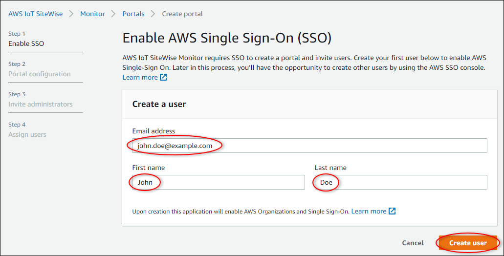 
                啟用AWS Single Sign-On(SSO)」(SSO) 頁面的「Create portal」(建立入口網站) 程序。
              