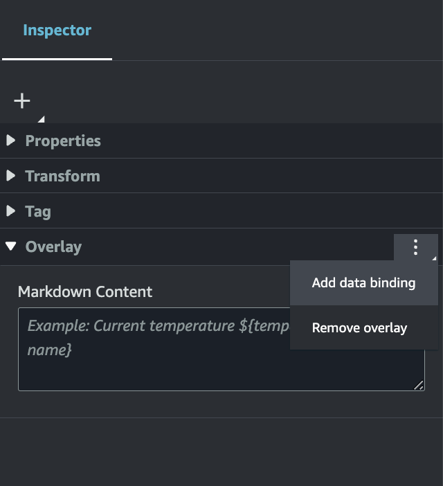已選取三個點的「Inspector」面板，並反白顯示「新增資料繫結」。