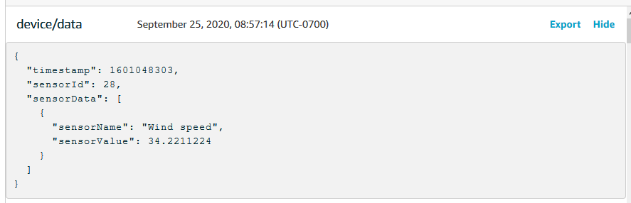 顯示 JSON 訊息承載如何顯示於 AWS IoT 主控台之 MQTT 用戶端的映像。