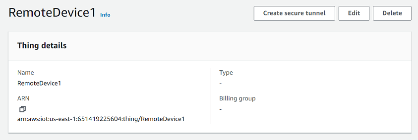 顯示名為「RemoteDevice1」且其 Amazon Resource Name (ARN) 的裝置詳細資訊。