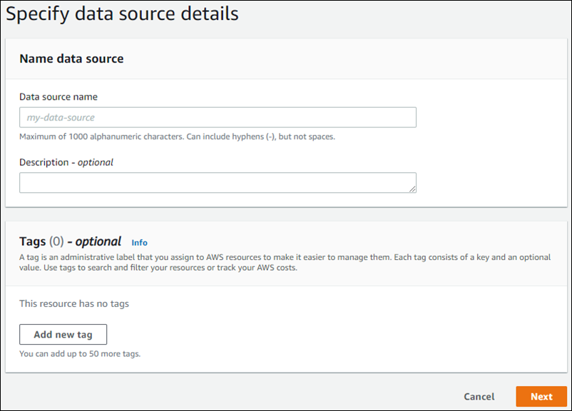 Form for specifying data source details, including name, description, and optional tags.