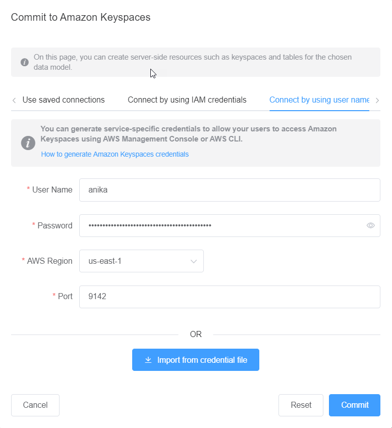 主控台螢幕擷取畫面,顯示使用服務特定登入資料的 Amazon Keyspaces 連線。