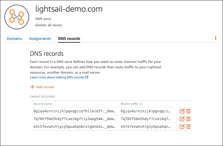 Amazon SES SMTP 的 Lightsail DNS 區域記錄。