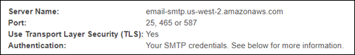 在 Amazon SES 主控台中顯示的 SMTP 設定。