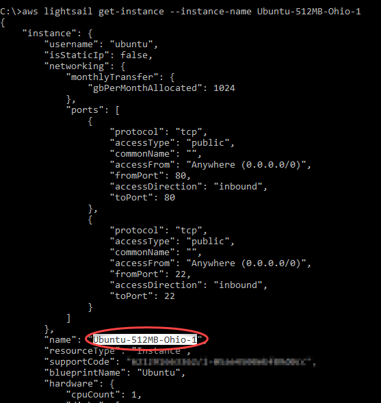 AWS CLI Lightsail get-instances 操作的 輸出。