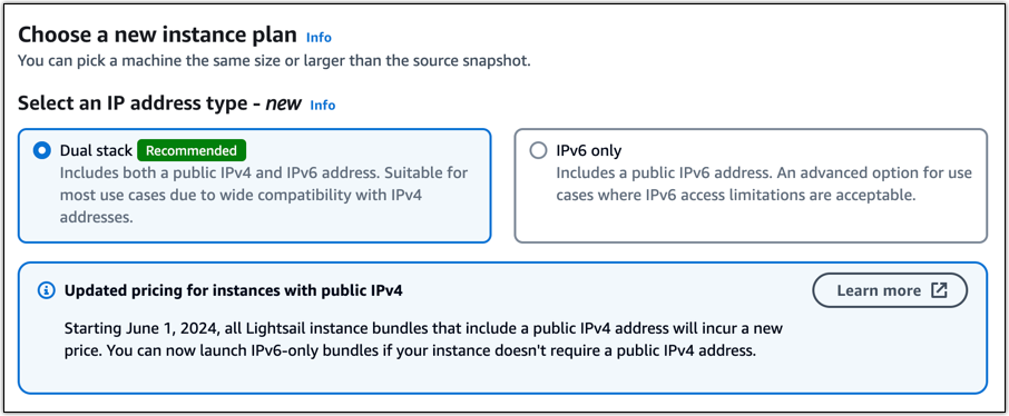 [選擇新的執行個體計劃] 頁面顯示雙堆疊和 IPv6 位址類型。