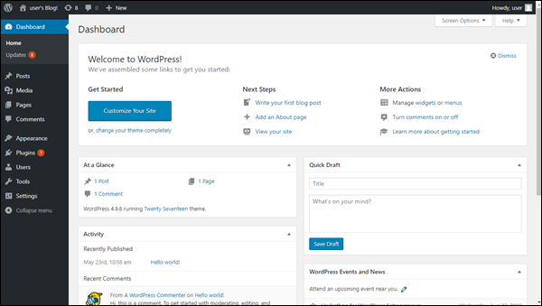 WordPress 管理儀表板。