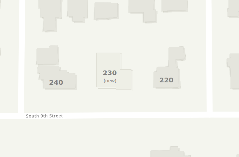 
                帶有兩個現有房屋的單個街區的地圖，並在它們之間添加了一個新房子。
            