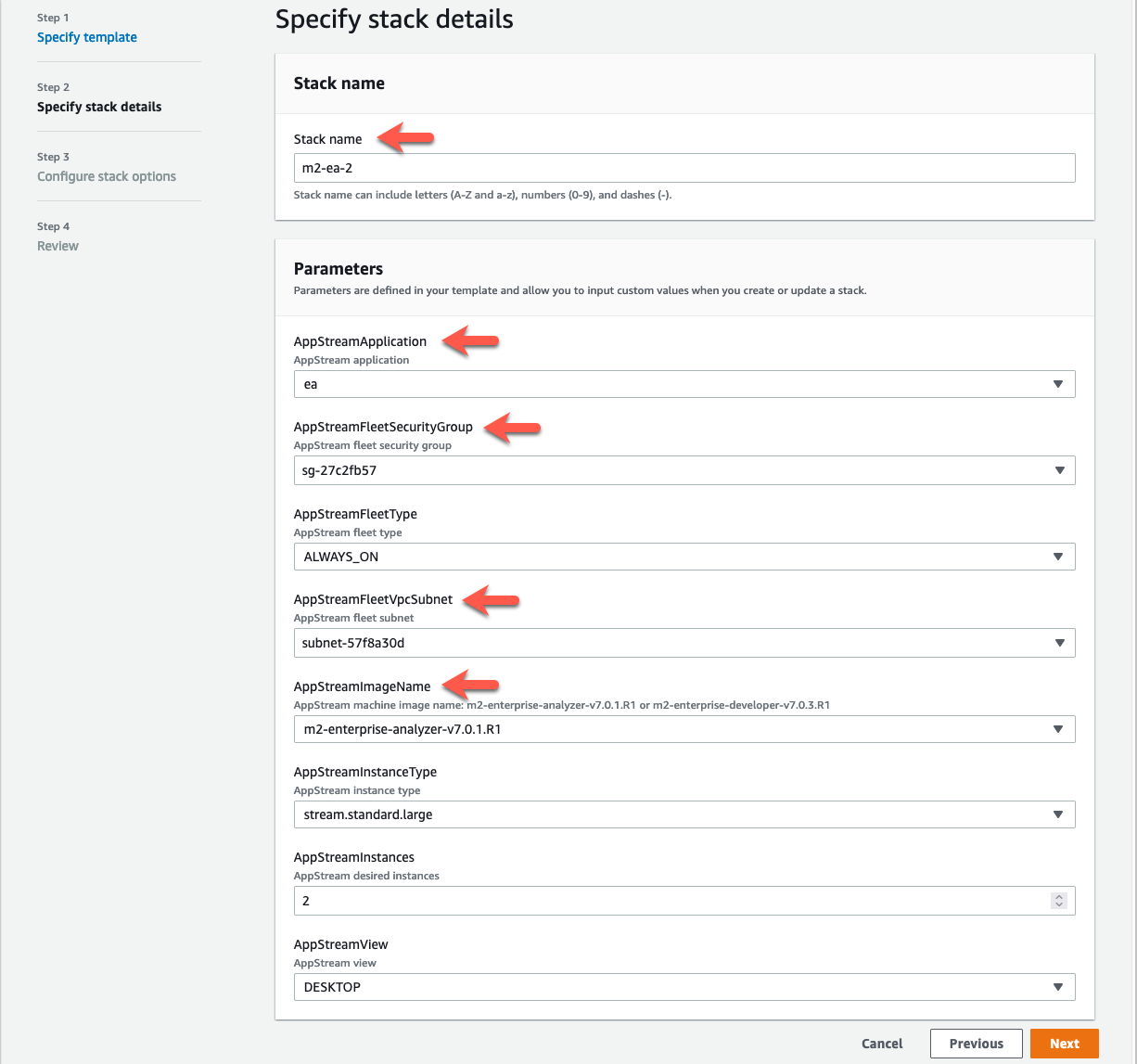 
            填入「企業分析器」選項的「AWS CloudFormation指定堆疊詳細資訊」頁面。
          