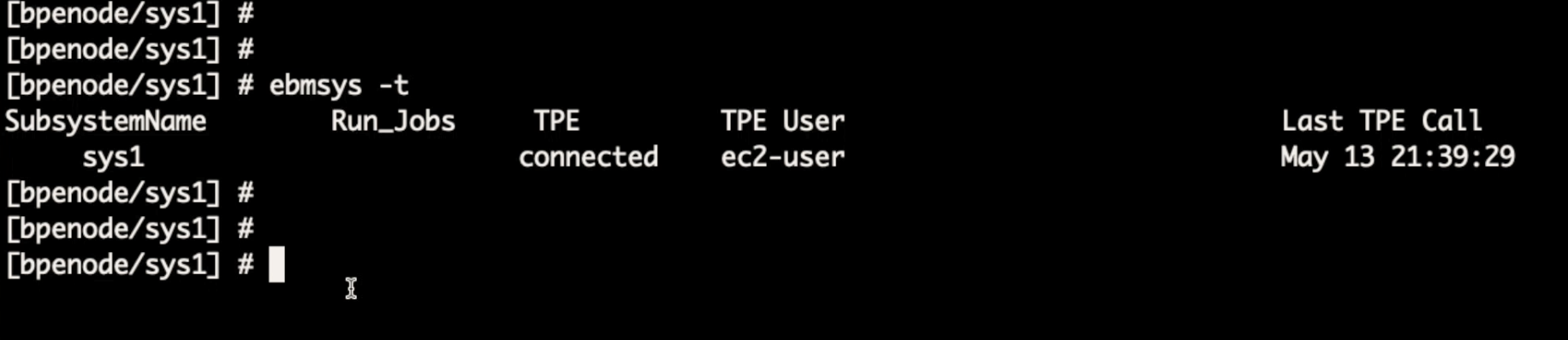 將子系統名稱顯示為 sys1。TPE 已連線，而 TPE 使用者是 ec2-user。