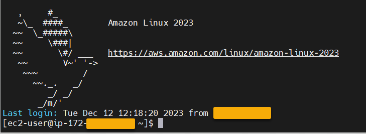 具有所提供 Amazon EC2 執行個體和使用者名稱的 SSH 畫面。