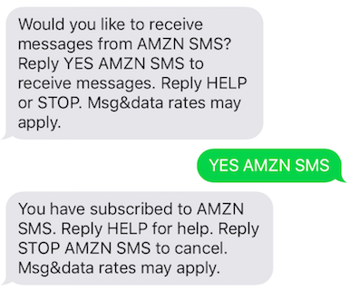 Text message exchange showing subscription confirmation for AMZN SMS service.