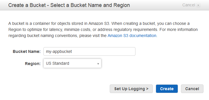 S3 Create a Bucket (建立儲存貯體) 頁面。