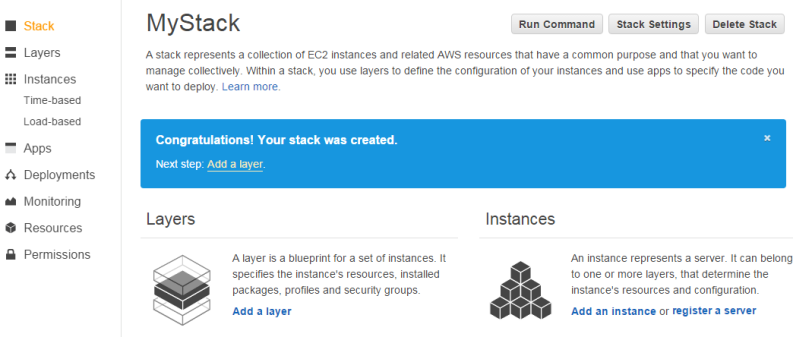 MyStack interface showing layers and instances sections with options to add components.
