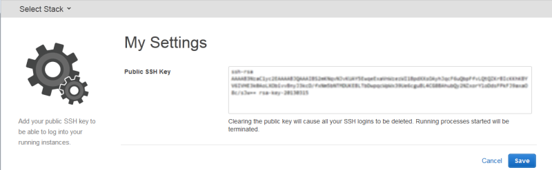 My Settings (我的設定) 頁面中的 Public SSH Key (公有 SSH 金鑰) 方塊。