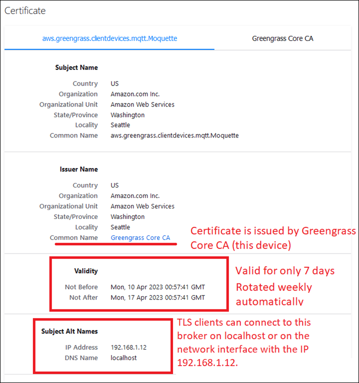 MQTT 代理程式伺服器憑證的範例