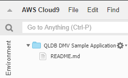 AWS Cloud9顯示 QLDB DMV 範例應用程式環境資料夾窗格的主控台。