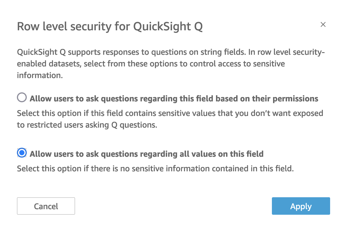 這是 QuickSight Q 功能表頁面之資料列層級安全性的影像。