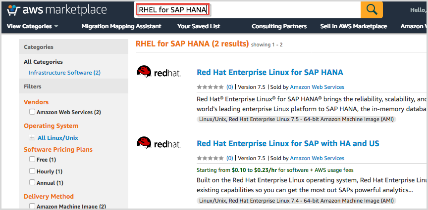 
          AWS Marketplace 中的 RHEL for SAP HANA
        