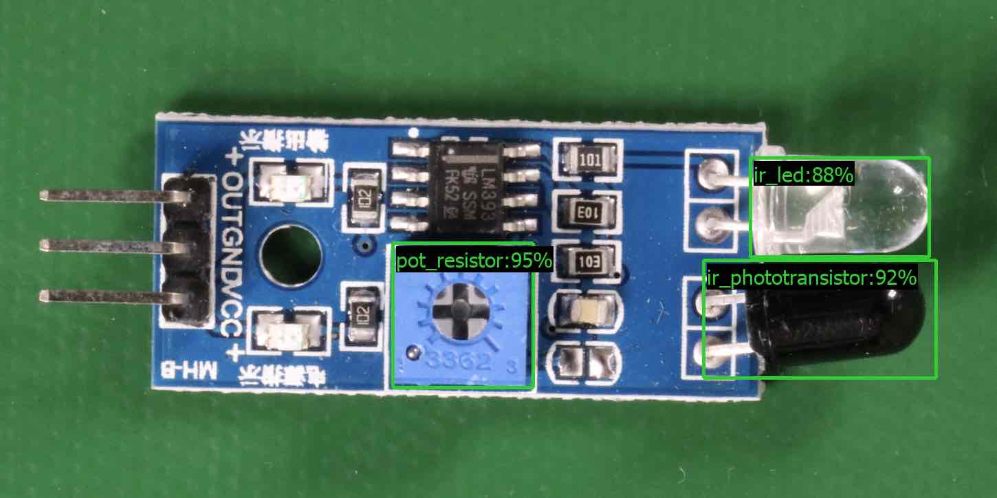 標示有電位計、紅外線光透視器和 LED 元件的電路板。