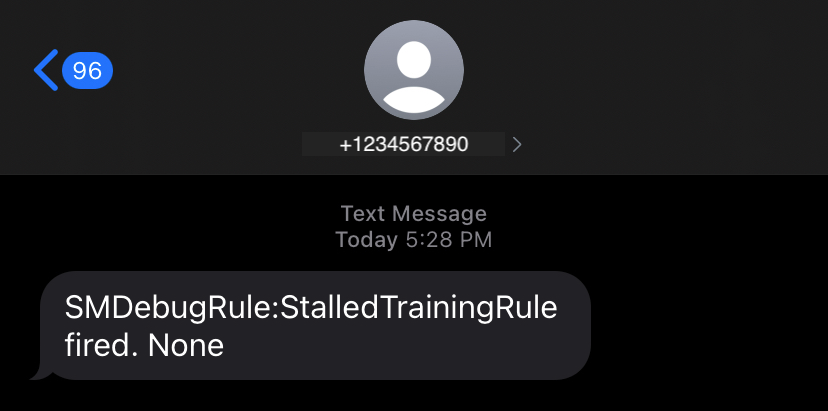 
                    當偵錯工具偵測到 StalledTraining 問題時，所傳送的簡訊通知範例。
                